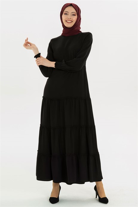 Beyza-Büzgü Detaylı Siyah Tesettür Elbise 5201