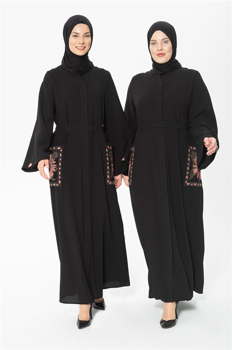 Beyza-Embroidered Black Abaya with Snap Pockets 3379