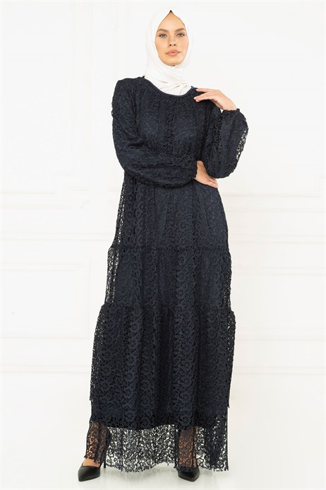 Beyza-Laced Lined Navy Blue Dress 3M5126