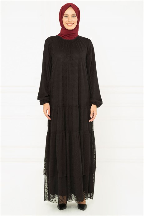 Beyza-Laced Lined Black Dress 3M5126