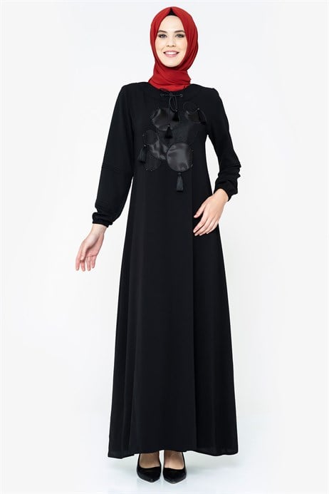 Beyza-Leather Detailed Ornamented Black Modest Dress