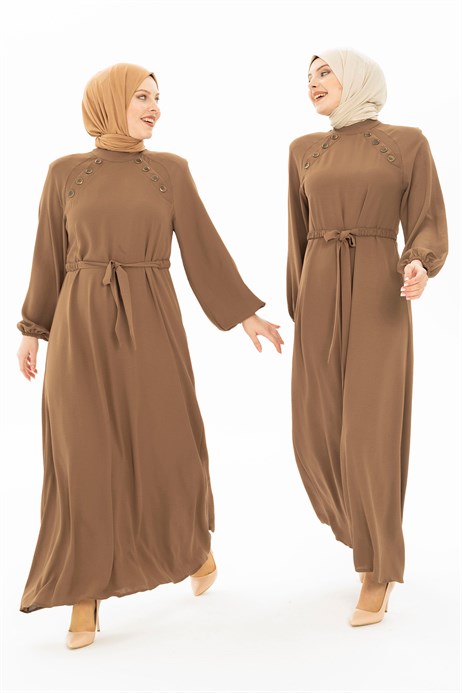 Button Detailed Brown Hijab Dress 5228