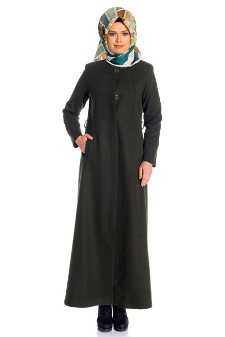 Beyza-Buttoned Belted Green Coat