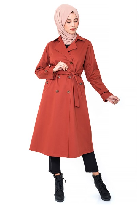 Beyza-Buttoned Brick Color Trench Coat