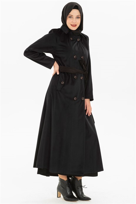 Beyza-Buttoned Black Coat with Sash 3M3147