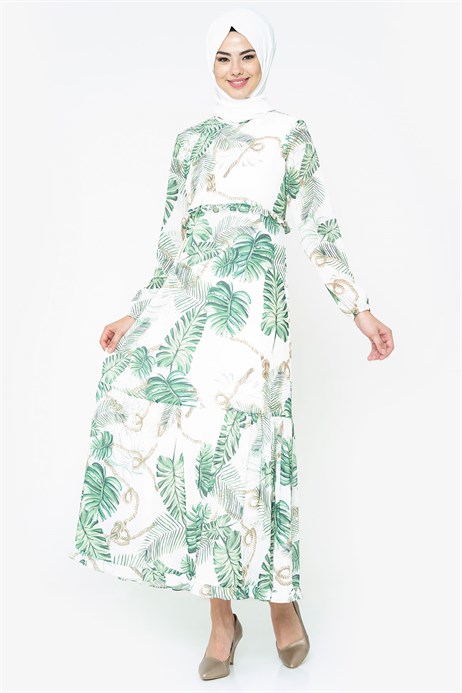 Beyza-Empirme Desenli Yeşil Tesettür Elbise 5102