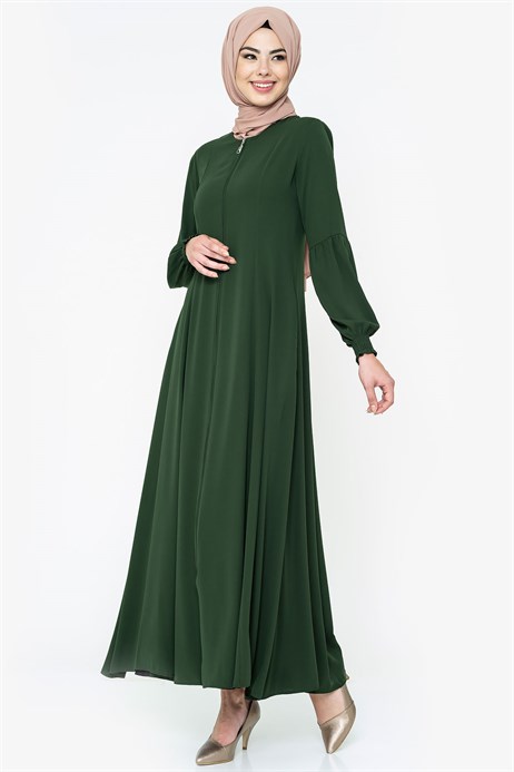 Beyza-Zippered Flared Green Abaya