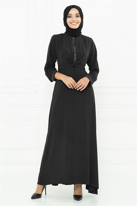 Beyza-Silver Color Gemmed Black Modest Evening Dress 3M5065