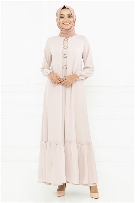Beyza-Hoop Detailed Beige Modest Evening Dress 3M5139