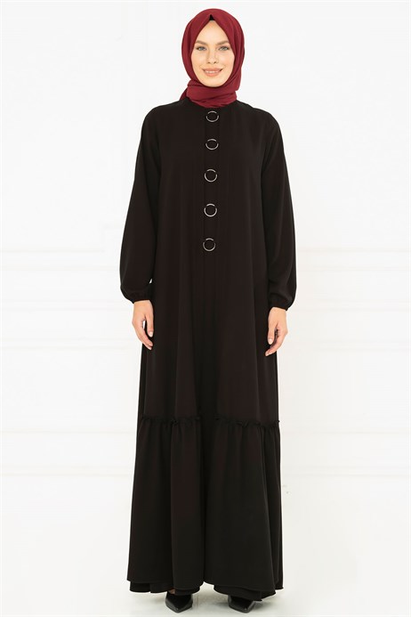 Beyza-Hoop Detailed Black Modest Evening Dress 3M5139
