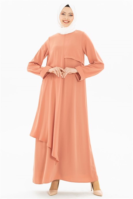 Beyza-Kat Detaylı Pudra Tesettür Elbise 35155