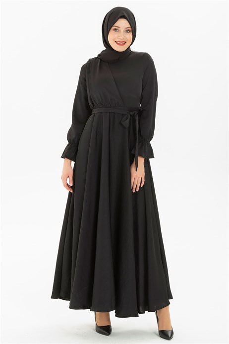 Beyza-Flared Black Modest Dress 3M5214