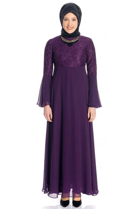 Beyza-Necklace Laced Purple Modest Evening Dress