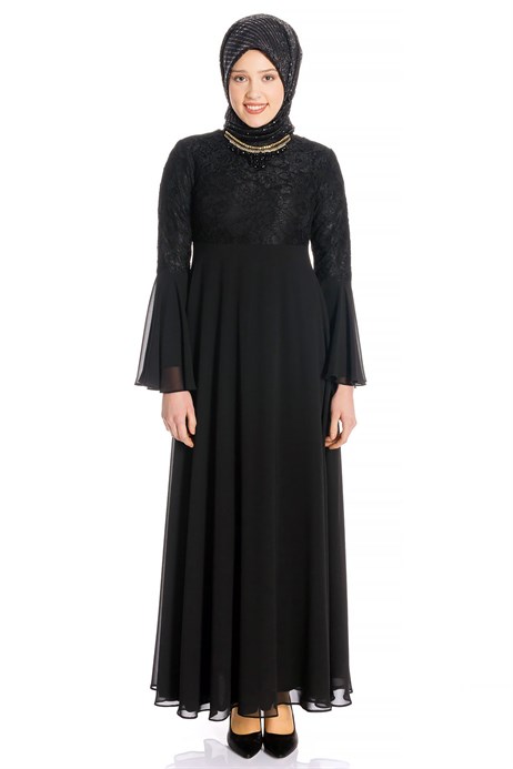 Beyza-Necklace Laced Black Modest Evening Dress