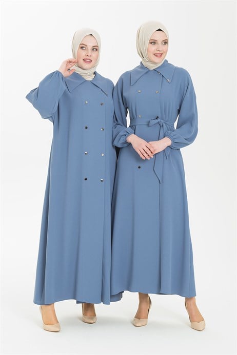 Blue Abaya with Double Breast Collar 3372