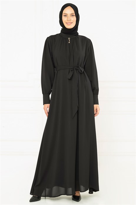 Beyza-Lined Black Modest Dress wit Sash 3M5099