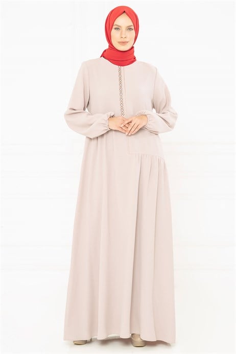 Beyza-Ornamented Detailed Beige Modest Dress 3M5141