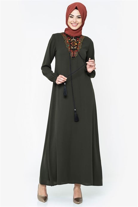 Beyza-Neck Ornamented Khaki Modest Dress