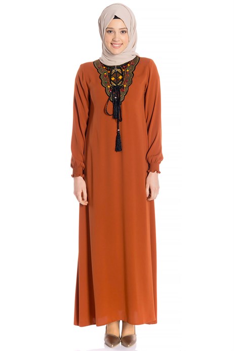 Beyza-Neck Ornamented Cinnamon Modest Dress 3M746
