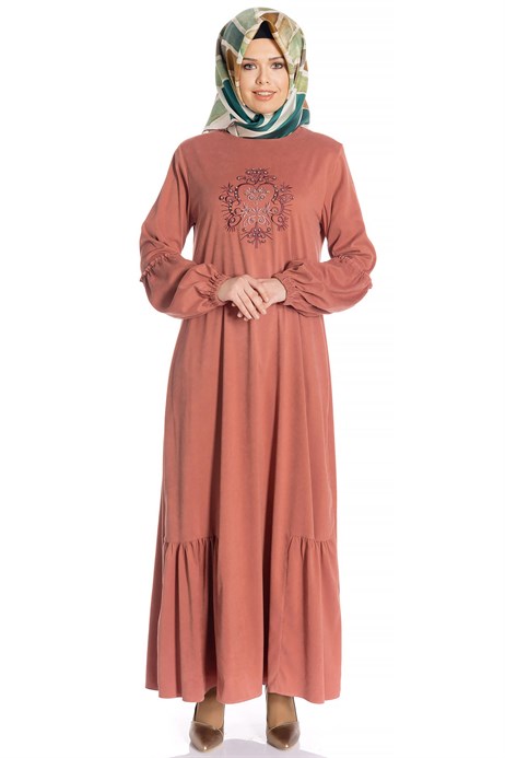 Beyza-Ornamented Dusty Rose Suede Modest Dress