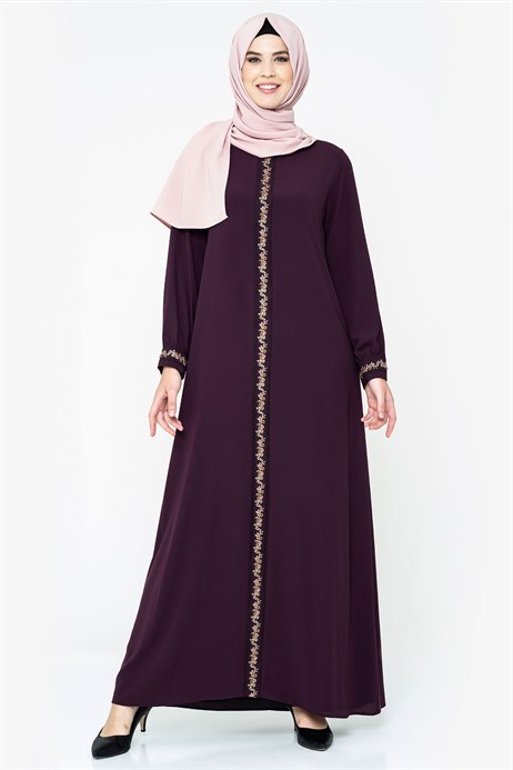 Beyza-Ornamented Damson Modest Dress 829