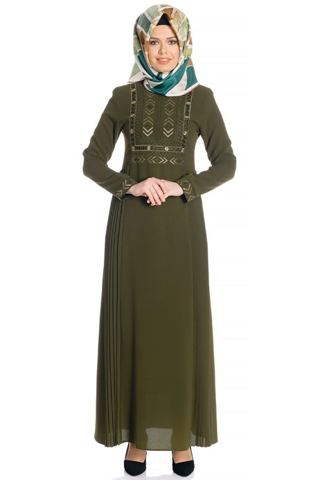Beyza-Ornamented Pleated Khaki Modest Dress