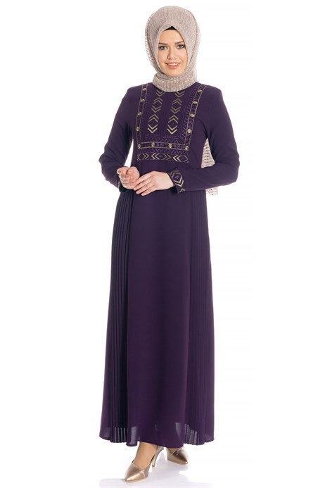 Beyza-Ornamented Pleated Damson Modest Dress