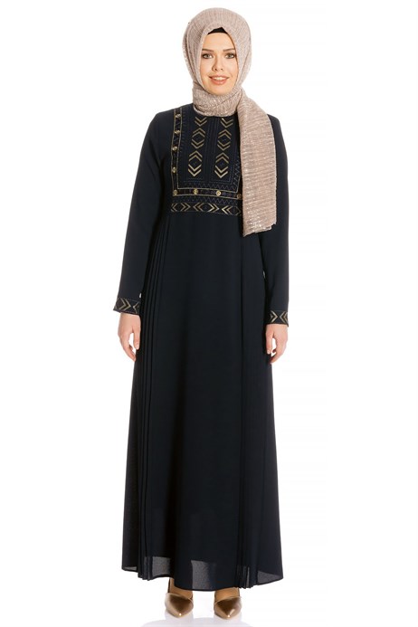 Beyza-Nakışlı Piliseli Siyah Tesettür Elbise 780
