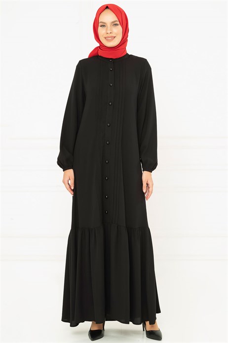 Beyza-Rib Detailed Black Modest Evening Dress 3M5147
