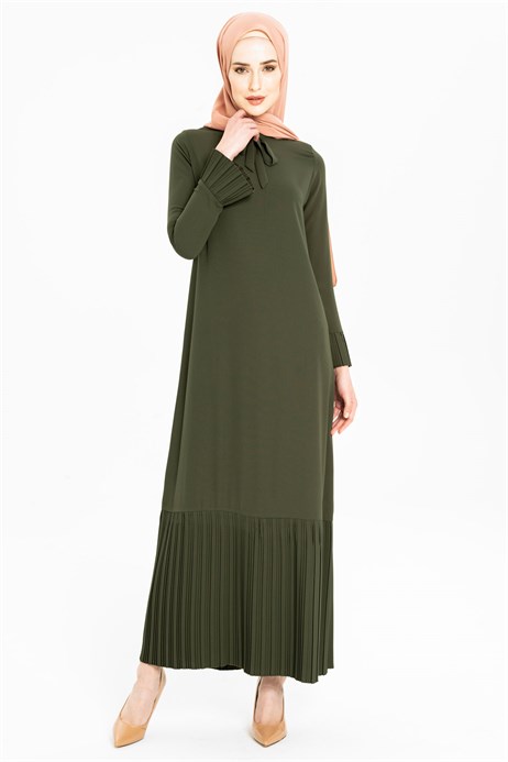 Beyza-Pleated Khaki Modest Dress 764