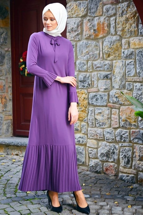 Beyza-Pleated Mauve Modest Dress
