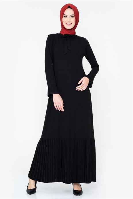 Beyza-Pleated Black Modest Dress 3M764