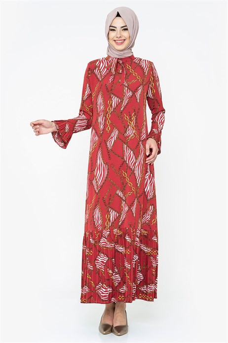 Beyza-Chain Patterned Pleated Claret Red Modest Dress