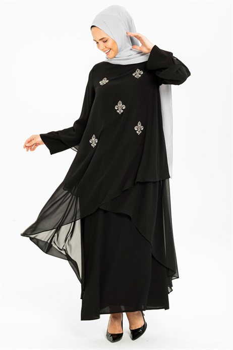 Beyza-Gemmed Chiffon Detailed Black Modest Evening Dress 3M5176