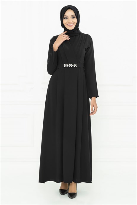 Beyza-Gemmed Belted Black Modest Evening Dress 3M5057
