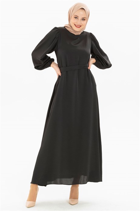 Beyza-Balloon Sleeve Black Modest Dress 3M5220