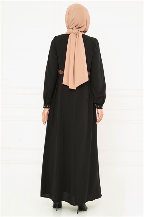 Beyza-Ornamented Waist Linen Black Modest Dress 3M5142