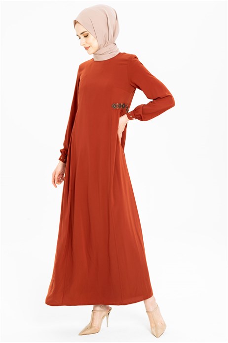 Beyza-Ornamented Waist Brick Color Modest Dress 3M5142