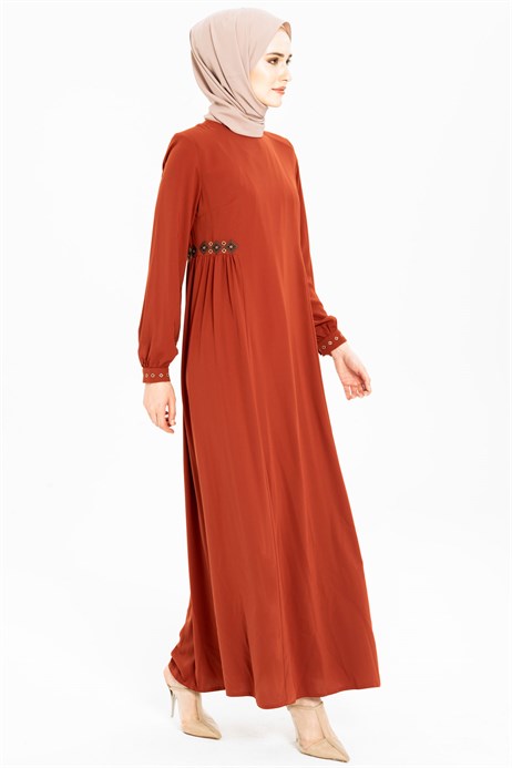 Beyza-Ornamented Waist Brick Color Modest Dress 3M5142