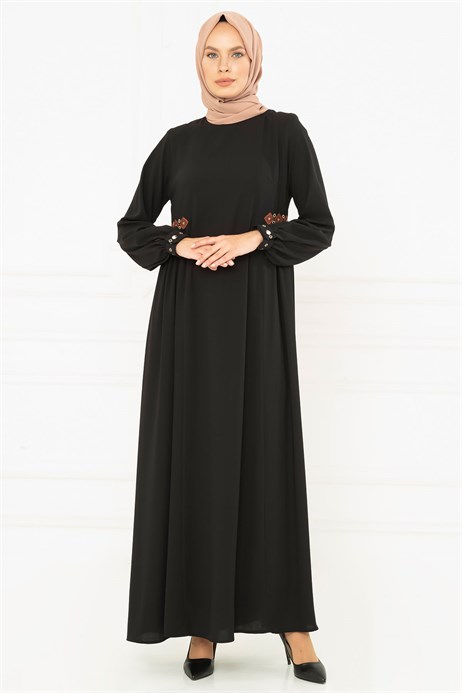 Ornamented Waist Black Modest Dress 3M5142