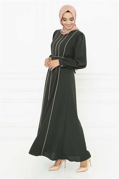 Beyza-Biye Detaylı Haki / Pudra Tesettür Elbise 5085
