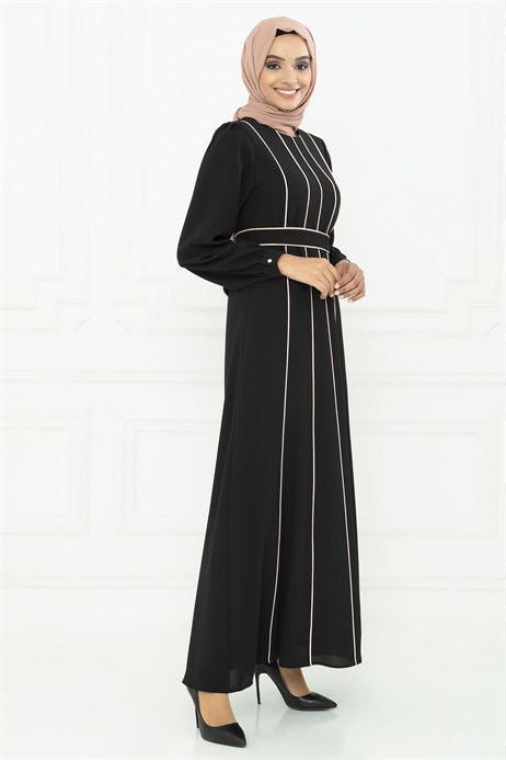 Beyza-Biye Detaylı Siyah / Pudra Tesettür Elbise 5085