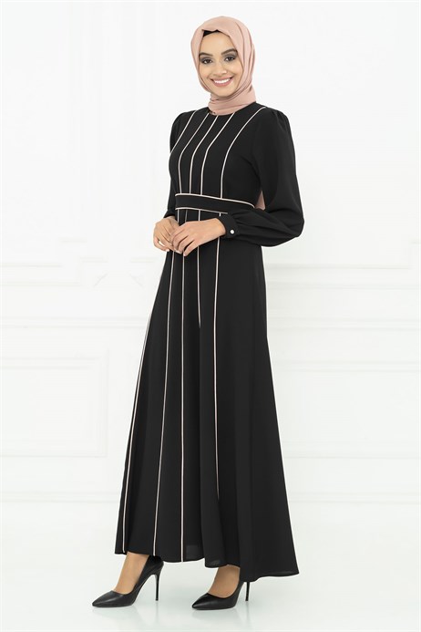 Beyza-Biye Detaylı Siyah / Pudra Tesettür Elbise 5085