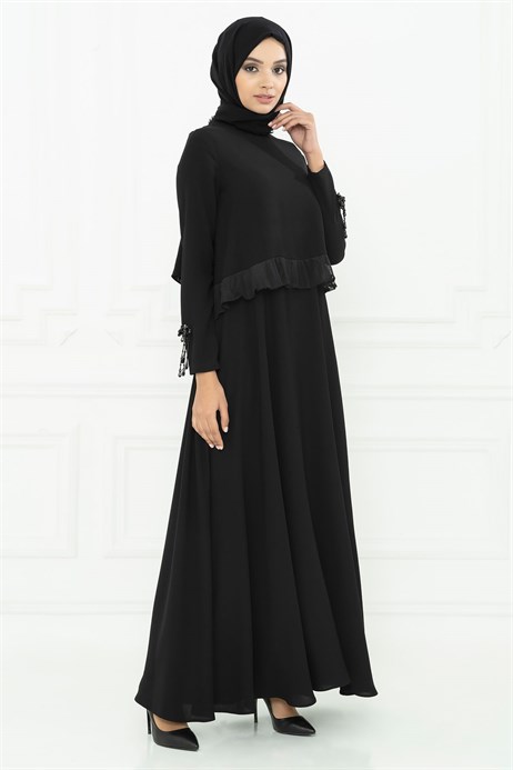 Beyza-Bead Detailed Black Modest Evening Dress 3M5131