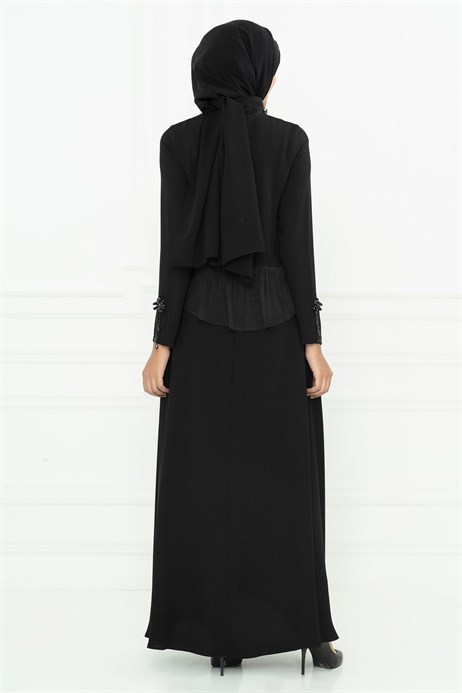 Beyza-Bead Detailed Black Modest Evening Dress 3M5131