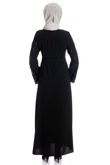 Beyza-Bead Inlaid Black Modest Evening Dress
