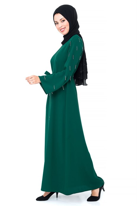 Beyza-Bead Inlaid Green Modest Evening Dress