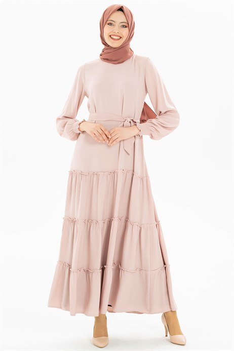 Beyza-Shirring Detailed Powder Modest Dress 3M5201