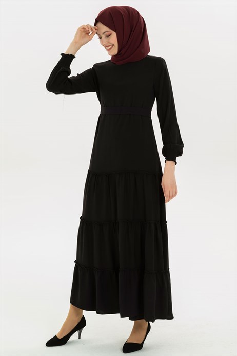 Beyza-Shirring Detailed Black Modest Dress 3M5201