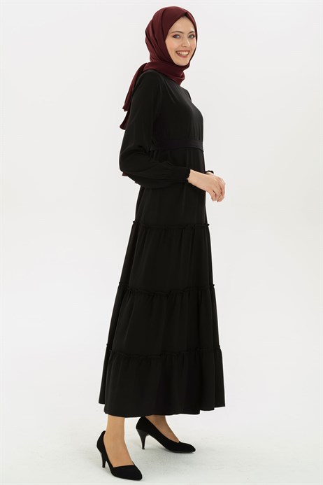 Beyza-Shirring Detailed Black Modest Dress 3M5201